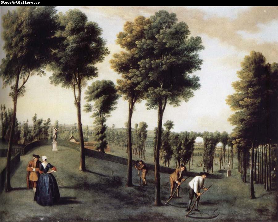 unknow artist Hartwell House,North west area of the gardens with two bastions and men Scything